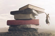 conceptual image a brave woman climbing a pile of books to reach the top