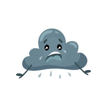 Gray Humanized Cloud With Rain Drops. Sad Face With Tears. Cartoon Weather Character. Flat Vector Element For Sticker, Mobile App Or Print