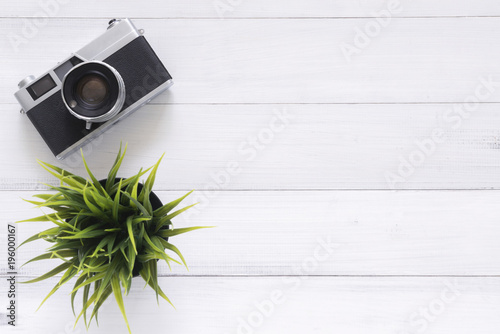 Minimal Work E Creative Flat Lay Photo Of Worke Desk Minimal Work E Creative Flat Lay Photo Of Worke Desk Office Wooden Table With Old Camera Top View Copy