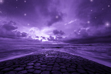 Ultra Violet Fantasy Background, Road To The Ocean With Fantastic Night Sky, Color Of The Year 2018