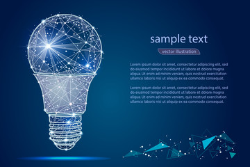 light bulb abstract design, in low poly style, in the form of lines and stars on a blue background