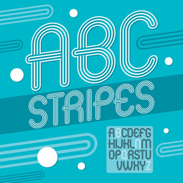Vector trendy retro uppercase alphabet letters collection. Disco rounded type font, script from a to z can be used for logo creation. Created using geometric triple stripes.