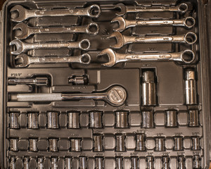 Wrenches, Pliers, Nuts and Bolts in Tool Box 