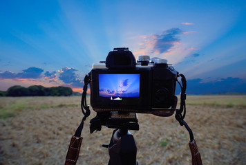 photography view camera photographer lens lense video photo digital glass blurred focus landscape photographic color concept sunset sunrise sun light sky cloud - stock image