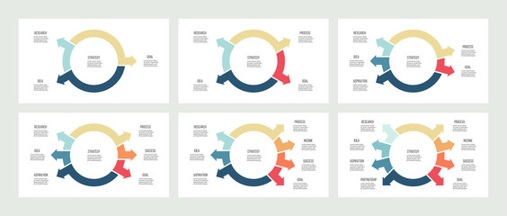 Business infographics. Pie charts with 3, 4, 5, 6, 7, 8 sections, arrows. Vector templates.