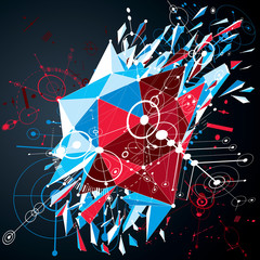 Fototapete - Vector digital technology background made with geometric low poly design elements and circles. Bauhaus art retro style pattern combined with elements of mechanical scheme