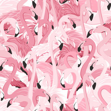 Pink Flamingos Seamless Pattern. Random Overlap Exotic Wading Birds Flock Flamboyance. Detailed Beaks, Necks, Feather, Body. Standing Posture. Zoo Bird Park. Vector Design Illustration.
