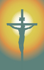 Wall Mural - Vector illustration on religious theme depicting a silhouette of a cross with crucified Jesus Christ in the sunset. Banner for Easter or good Friday