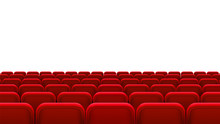 Rows Of Red Seats, Back View. Empty Seats In The Cinema Hall, Cinema, Theater, Opera, Events, Shows. Interior Element. Vector Realistic 3d Illustration.