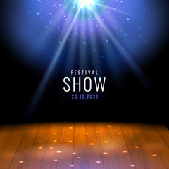 Poster - Realistic theater wooden stage or floor with spotlight Vector festive template with lights and scene. Poster design for concert, theater, party, dance, event, show. Illumination and scenery decoration