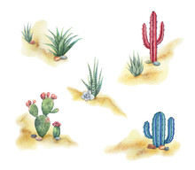 Watercolor Background With Desert And Cacti.