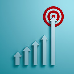 Poster - Growing up arrow graph aiming to goal target or red dart board the business concept over light green pastel color wall background with shadow. 3D rendering.