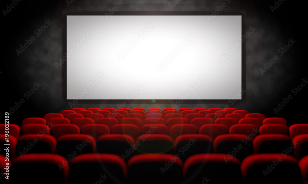 white screen and red seats in empty movie theater - obrazy, fototapety, plakaty 