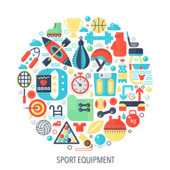 Wall Mural - Sport fitness equipment flat infographics icons in circle - color concept illustration for sport equipment cover, emblem, template.