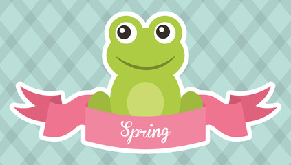 hello spring cute frog cartoon ribbon vector illustration