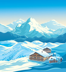 Winter landscape of a ski resort with mountains and a slope for skiing. Vector illustration.