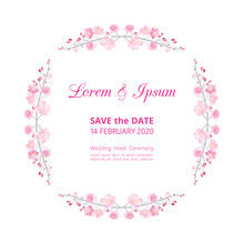 Full Bloom Pink Sakura Flower Wedding Card Template Circle, Cherry Blossom Floral Vintage Invitation Frame Isolated On White Round Background. Japan Spring Flora Wreath Curl Border Element.