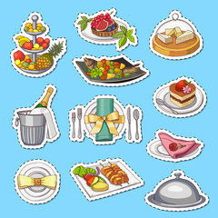 Wall Mural - vector hand drawn restaurant or room service elements stickers on plane background