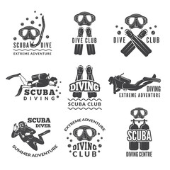 Poster - Labels or logos for diving club. Vector pictures set of divers and different specific equipment