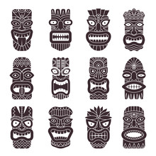 Monochrome Vector Illustrations Set Of Tribal God Tiki