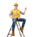 The happy builder on the ladder gesturing on the white background