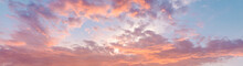 Fiery Orange, Pink And Blue Very Beautiful Sunset Sky. Dramatic Clouds After Rain