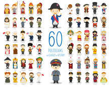 Kids Vector Characters Collection: Set Of 60 Relevant Politicians And Leaders Of History In Cartoon Style.