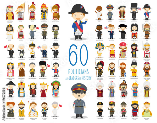Fotografía Kids Vector Characters Collection: Set of 60 relevant Politicians and Leaders of History in cartoon style