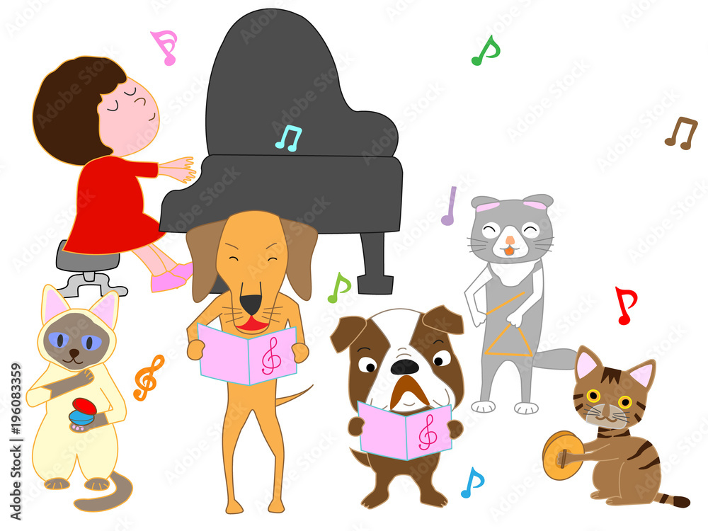 犬と猫のコンサート 子供とペットが歌ったり 楽器を演奏したりしている Do Kuchni Naklejki Ecowall24 Pl