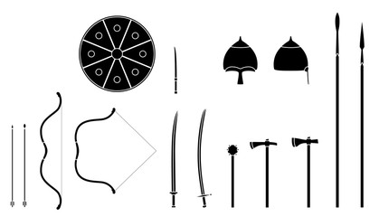 Mongol weapons and armors set. Mongol nomad warrior equipment. Sable, axe, male, spear, bow, arrows, helmet shield Vector illustration