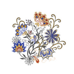 Bouquet of fantastic flowers. Background in ethnic traditional style.