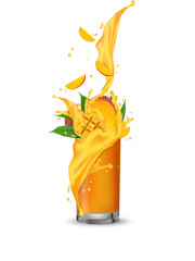 Orange mango multi yellow fruit cocktail. Splash swirl in the realistic glass.  Vector.