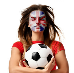 Wall Mural - England fan sport woman player in red uniform hold soccer ball celebrating with windy hair