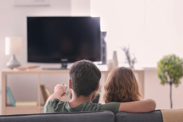 Wall Mural - Happy couple watching TV while sitting on sofa at home