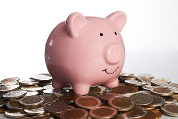 Pink piggy bank standing on coins money isolated on white background, suggesting money savings concept