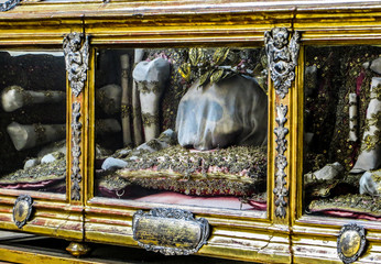 Munich, Germany - 08/03/2012 - St. Peters - Interior - Christian Relic - Skull and Bones
