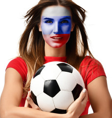 Wall Mural - Russian fan sport woman player in red uniform hold soccer ball celebrating with windy hair