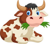Fototapeta  - Cute cartoon cow eating grass