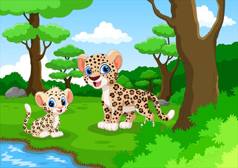 Wall Mural - Leopard cartoon in the forest with his cute son