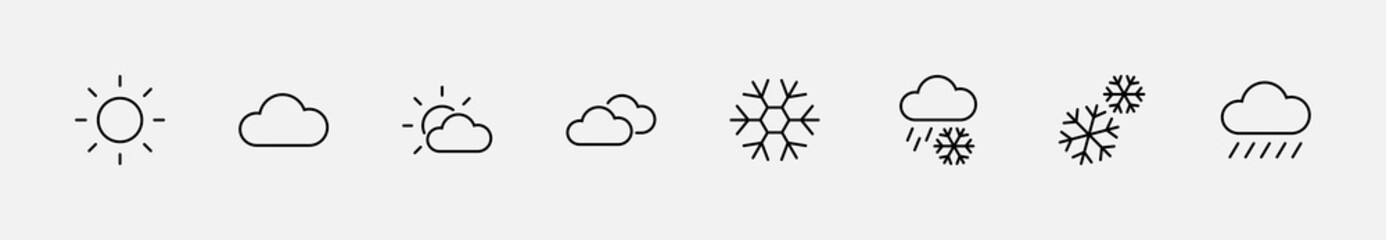 Poster - Set of weather vector line icons. Contains symbols of the sun, clouds, snowflakes, wind, rainbow, moon and much more. Editable move. 32x32 pixels.