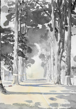 Watercolor Landscape Painting Black, White Color Of Tunnel Trees