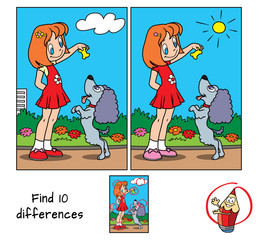 Wall Mural - Little girl playing with a dog. Find 10 differences. Educational game for children. Cartoon vector illustration