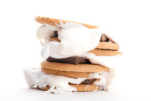 Homemade Sweets, Smores And Sweet Dessert Concept With Stacked S'mores Made With Chocolate,graham Crackers And Marshmallows, Isolated On A White Background