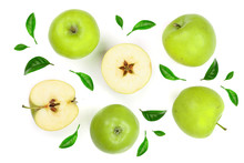 Green Apples Decorated With Leaves Isolated On White Background Top View. Set Or Collection. Flat Lay Pattern