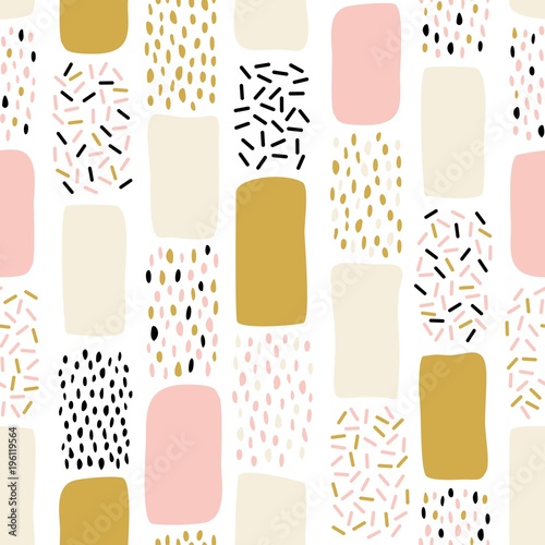 Naklejka na kafelki Abstract seamless pattern with chaotic painted elements. Creative universal artistic Fun background in Scandinavian style. Vector Hand-drawn illustration in Pink, Gold and Black colors