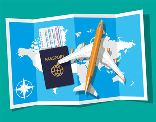 Wall Mural - Passenger jet, boarding pass and passport, map