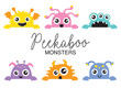 Set of cute peekaboo monsters vector illustration. Funny little monsters in various colors.