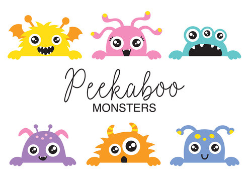 Fototapete - Set of cute peekaboo monsters vector illustration. Funny little monsters in various colors.