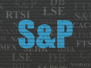 Stock market indexes concept: Painted blue text S&P on Black Brick wall background with  Tag Cloud