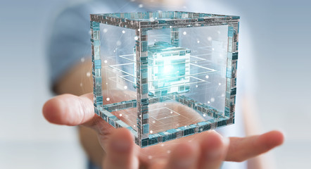 Fototapete - Businessman using futuristic cube textured object 3D rendering